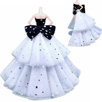 1/6 Beyaz Siyah Yıldız İlmek düğün elbisesi için barbie oyuncak bebek Giysileri Kıyafetler Uzun Kuyruk Parti Kıyafeti 11.5 