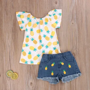 1-7Y Yaz Çocuk Kız Giyim Setleri 2 adet Ananas Baskı Ruffles Kısa Kollu T Shirt Üstleri Kot Şort