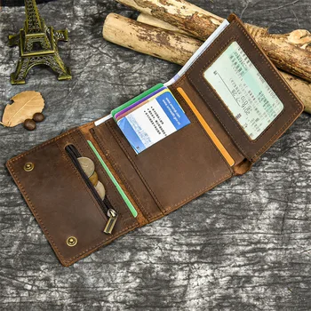 100 % Çılgın At deri cüzdan Erkekler üç katlı cüzdanlar Erkek Vintage Küçük bozuk para cüzdanı kart tutucu Zincir Portföyü Ücretsiz Gravür