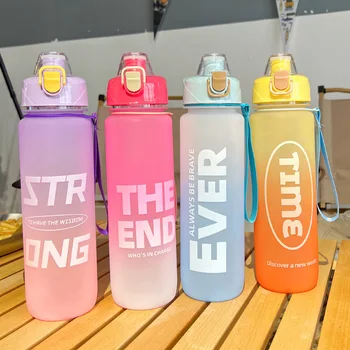 1000ml Büyük Kapasiteli Su Şişesi Saman Bardak Degrade Renk su bardakları Zaman İşaretleyici İle açık alan sporları spor şişesi