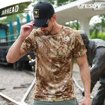 2018 Yeni Açık Avcılık T-shirt Erkekler Nefes Ordu Taktik Savaş T Gömlek Askeri Kuru Spor Camo Camp Tees kamuflaj