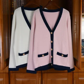 2021 Bahar kadın Yüksek kaliteli Yün Örme ceketler Vintage V Yaka %100 % Kaşmir hırka C825