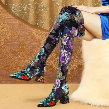 2021 Yeni Bayanlar Diz Yüksek Çizmeler Kare Yüksek Topuk kadın ayakkabısı Kış Tüm Eşleşen Seksi Cheongsam Mavi Enchantress Kadın Botları