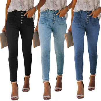 2021 Yeni Varış Kadın Giyim Sıkıntılı Kot Kadın Yüksek Bel Düğme Fly Skinny Jeans Denim Bayanlar Pantolon