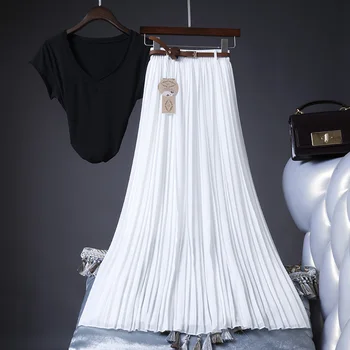 2021 Yüksek Kalite Kadınlar Yaz Etek Yüksek Bel Vintage Kadınlar Pilili Etek Saias Femme Boho Beyaz Uzun şifon Etek Streetwear