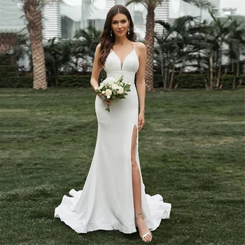 2022 Basit Mermaid düğün elbisesi Spagetti Sapanlar Seksi Derin V Boyun Yüksek Yarık gelinlikler Plaj Backless Gelin Elbiseler