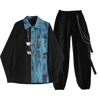 2022 İlkbahar Sonbahar Unisex Harajuku BF Gevşek Kargo pantolon Uzun Kollu kravat boya Gömlek + Yakışıklı Zincir Pantolon İki Parçalı Set Takım Elbise