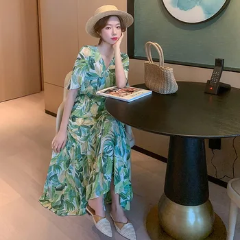 2022 Yaz kadın Giyim Yeni Çiçek Etek Zarif Mizaç V Yaka Seksi Yeşil uzun elbise Sıcak Toptan 2023 Ücretsiz Kargo
