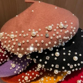 2022 Yeni Moda Kış sıcak Fransız İnci Taklidi Bere Şapka Zarif Bere Kapaklar Düz Renk Rahat Sonbahar Şapka Kadınlar için kız