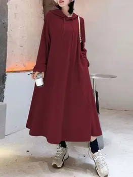 2022 ZANZEA Kadınlar Sonbahar Tişörtü Zarif Düz Elbise Rahat Uzun Kollu Maxi Vestidos Kadın Kapşonlu Hoodies Elbise 