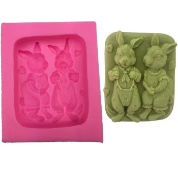 3D el yapımı sabun kalıp tavşan Karı koca Çift kek dekorasyon araçları DIY pişirme fondan silikon kalıp T0291