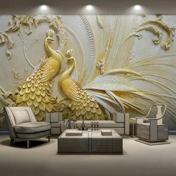 3D Kabartmalı Altın Tavuskuşu Fotoğraf Duvar Kağıtları Duvar Oturma Odası Duvarları için 3D Duvar Kağıtları Ev Dekor Soyut Papel De Parede 3D