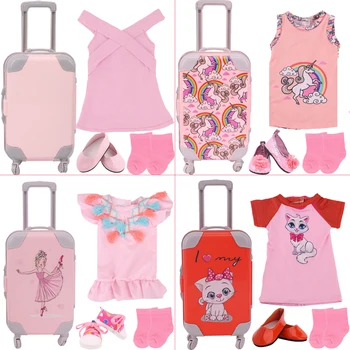 4 Adet / takım Unicorn Bavul + El Yapımı T-Shirt + Çorap + kanvas ayakkabılar Fit Reborn Bebek 18 İnç amerikan oyuncak bebek Giysileri Aksesuarları Kız Oyuncaklar
