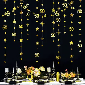 Altın 50th Mutlu Doğum Günü Afiş Süslemeleri Numarası 50 Daire Nokta Pırıltı Yıldız Garland Metalik Kağıt Asılı Flama Arka Planında
