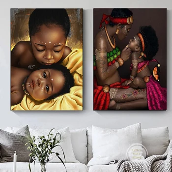 Altın Afrika Çocuk ve Anne Yağlıboya Tuval üzerine Bebek Posterler ve Baskılar duvar sanat resmi Oturma Odası Ev Dekorasyon için
