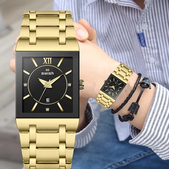 Altın Saatler Erkekler için Yaratıcı Kare Cam Erkek Saatler Top Marka Lüks Moda Kuvars Saat Su Geçirmez Çelik Relogio Masculino