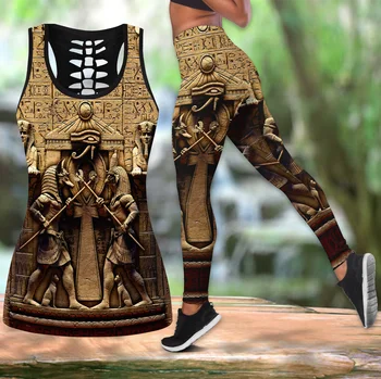 Anubis Antik Mısır 3D Baskılı Hollow Tank Top & Tayt Seti Spor Kadın Tam Boy Tayt Yoga Pantolon LKB-22