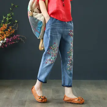 Baggy Kot Kadınlar Yüksek Bel Artı Boyutu Anne Bayanlar Kot Pantolon Denim Nakış Gevşek Ayak Bileği Uzunluğu harem pantolon Elastik Bel