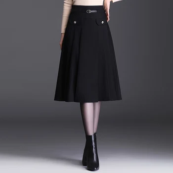 Bayan Pilili Siyah Etek Kemer İle 2021 İlkbahar Sonbahar Moda Yüksek Belli Etek Kadın Vintage A-line Etek Jupe Femme