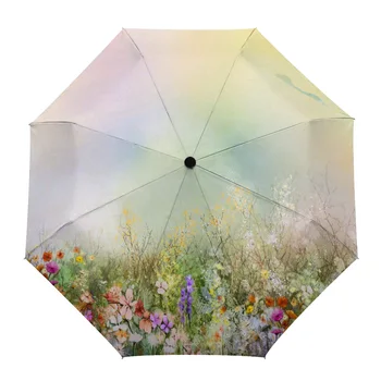 Buket çiçekler Suluboya Resim Yaratıcı Şemsiye Yağmur Kadınlar Otomatik Üç katlanır şemsiyeler Rüzgar Geçirmez Şemsiye Parapluie