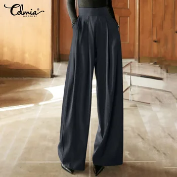 Celmia 2022 Sonbahar Kış Kadın Geniş Bacak Pantolon Moda Katı Pilili Pantolon Yüksek Bel Rahat Ofis Cepler Uzun Pantalon