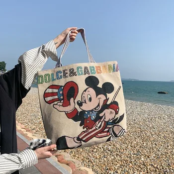 Disney Mickey Mouse yeni karikatür nakış trendi öğrenci büyük kapasiteli tek omuz kanvas çanta bayanlar taşınabilir alışveriş çantası