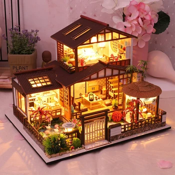 DIY Ahşap Dollhouse Kiti Minyatür Japon Mimarisi Bebek Evi Mobilya Casa Oyuncaklar Çocuk Kız Doğum Günü Hediyeleri için