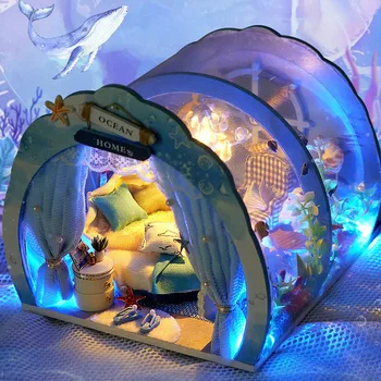 DIY Bebek Evi Derin Deniz Küçük Villa Ev Deniz Manzaralı Odası Mini Mobilya Ev led ışık Aksesuarları çocuk Doğum Günü Oyuncak Hediyeler