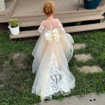 Fildişi Çiçek Kız Elbise Yay Çocuk Elbise Bebek Dantel Düğün Parti Elbisesi Sevimli Çocuk Doğum Günü Elbise Prenses Nedime Elbisesi