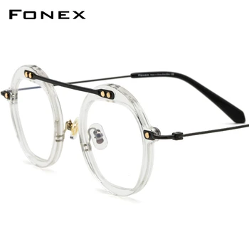 FONEX Asetat Titanyum Gözlük Erkekler 2021 Yeni Retro Poligon Şeffaf Reçete Gözlük Çerçevesi Kadın Optik Gözlük F85678