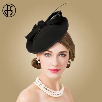 FS 100 % Yün Siyah Şapka Kilise Zarif Bayanlar Resmi Vintage Keçe Fedoras Düğün Fascinators Şapkalar Kadınlar Için Pillbox Kadın Kap