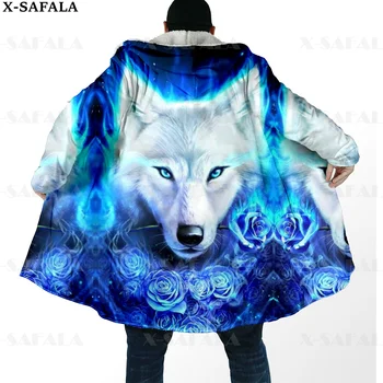 Galaxy Kurt/Buz Ve Yangın Kurt Baskılı Kalın Sıcak kapüşonlu pelerin Erkek Palto Ceket Rüzgar Geçirmez Polar Pelerin Bornoz Kapşonlu Battaniye-6