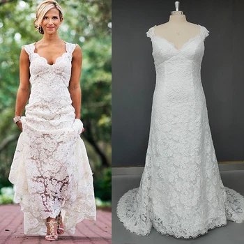 Gerçek Fotoğraf V Boyun Rustik Kısa Kapaklı Kollu düğün elbisesi Bir Çizgi Artı Boyutu Aç Geri İmparatorluğu Bel Maxi Custom Made gelinlikler