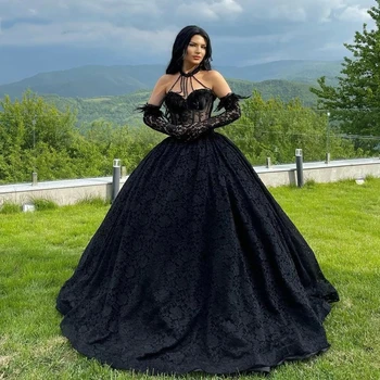Gotik Tarzı Dantel Siyah düğün elbisesi Boncuk Vintage Victorican Halter Boyun Illusion Korse Gelin Siyah Gelinlikler 2022