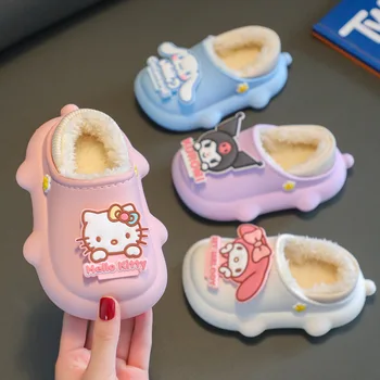 Hello Kitty Kawaii Kuromi Benim Melody Eva Anti Kayma Sıcak Bebek Sarılmış Topuk pamuklu ayakkabılar Kış Anime Sanrioed pamuk terlikler