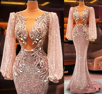 Işıltılı Kristaller Mermaid Akşam Elbise 2022 Uzun Kollu Boncuk Illusion Parti Giyim Ünlü Elbiseleri Kadınlar İçin Elbiseler Arapça