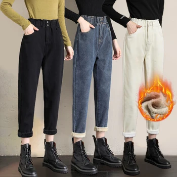 Kadın Kış Kalın Tayt Kot Kalınlaşmak Polar Astarlı Termal Sıkı Sıcak Pantolon Vintage günlük kot pantolon XS-2XL
