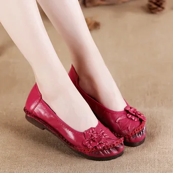 Kadın Loafer'lar Hakiki Bölünmüş Deri Düz Topuklu Çiçek Yuvarlak Ayak Yumuşak Katı Sandalet Platformu Bayanlar Ayakkabı Zapatos De Mujer 635