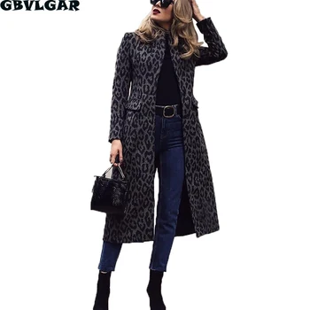 Kadın Moda Leopar Baskılı Ceket Siyah Turn Down Yaka Kış Sıcak Geniş Kadın Ceketler rüzgar ceketi Hırka Uzun Hırka Ceket