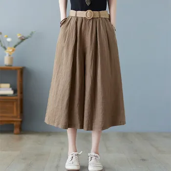Kadın Yaz Pamuk Keten Geniş Bacak Pantolon Yeni 2021 Sanat Tarzı Vintage Katı Renk Gevşek Kadın Buzağı uzunlukta rahat pantolon B411