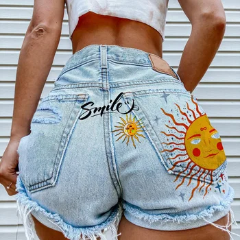 Kadın yaz yeni sokak kişilik baskı ayçiçeği gülen desen yırtık kot şort sıcak pantolon toptan