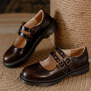 Kahverengi Deri Vintage Nostalji Toka Platformu Mary Janes Ayakkabı Kadın Sığ Öğrenci Kalın Alt Inek Derisi Siyah Loafer'lar