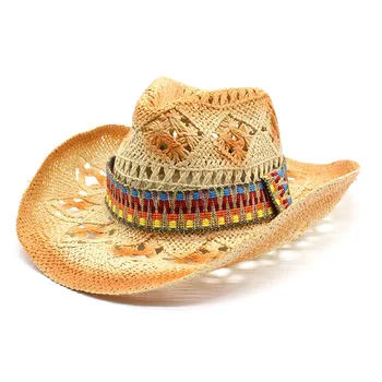 Kovboy şapkası hasır şapka yeni erkekler ve kadınlar etnik rüzgar dokuma içi boş yaz şapka erkekler ve kadınlar yaz güneş koruyucu Batı kovboy şapkası