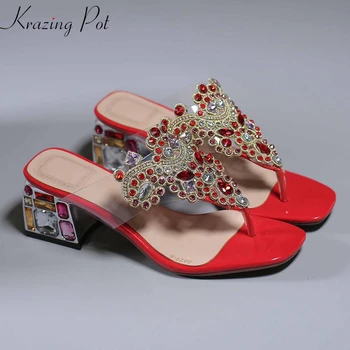 Krazing pot hakiki deri peep toe bling sanat tasarım topuk yüksek topuklu yıldızlı elmas katır flip flop artı boyutu 43 42 sandalet L34