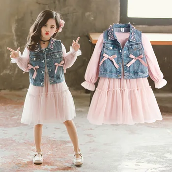 Kız giyim setleri Bahar 2023 kot yelek + Prenses Elbise Çocuk Giysileri Zarif 2 adet Set Çocuklar Genç Uzun Kollu Kostüm
