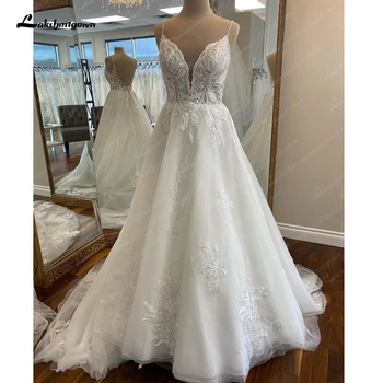 Lakshmigown Spagetti Sapanlar A-Line Yaz Boho düğün elbisesi Düşük Geri Aplikler Basit Gelin Elbise Kadınlar için