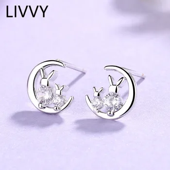 LIVVY Gümüş Renk Yeni Moda Basit Tavşan Ay Saplama Küpe Kadınlar Için Zirkon Kristal Trendy Zarif Takı Aksesuarları