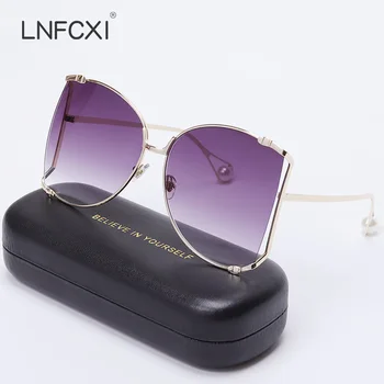 LNFCXI Yeni Marka İnciler Yarım Yuvarlak Güneş Gözlüğü Kadın Moda Büyük Çerçeve Degrade güneş gözlüğü Kadın Oculos Unisex Gözlük
