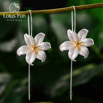 Lotus Eğlenceli 18K Altın zambak çiçeği Dangle Küpe Gerçek 925 Ayar Gümüş El Yapımı Tasarımcı Güzel Takı Küpe Kadınlar için Bijoux