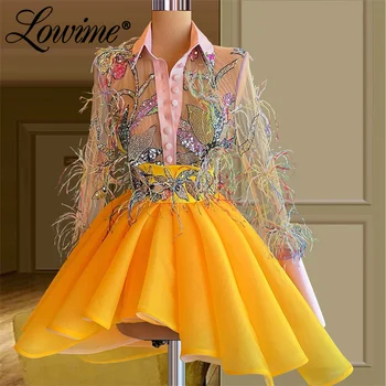 Lowime Sarı Tüyler Kokteyl Elbiseleri Kısa Parti Törenlerinde 2022 Özelleştirmek Uzun Kollu Abiye Custom Made balo kıyafetleri